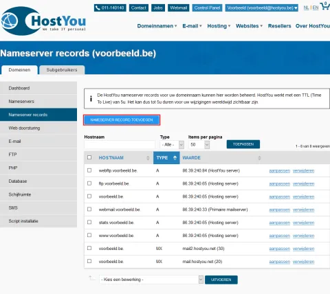 Nameserver records beheren - Stap 3