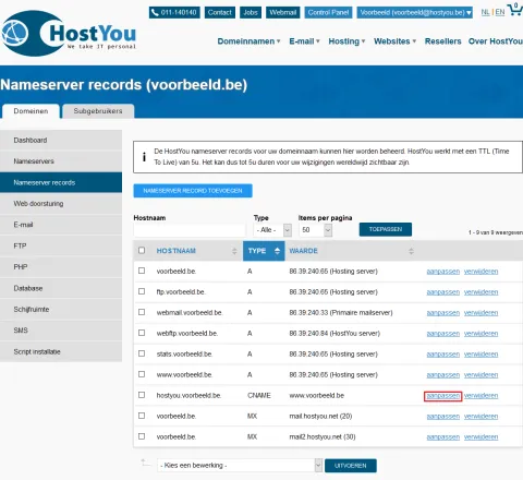 Nameserver records beheren - Stap 5