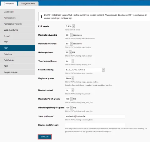 PHP instellingen - Stap 3