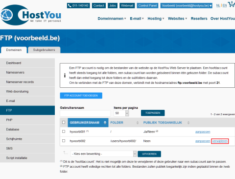 FTP accounts verwijderen